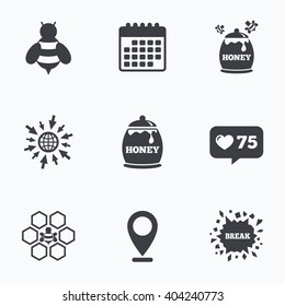 Calendar, like counter and go to web icons. Honey icon. Honeycomb cells with bees symbol. Sweet natural food signs. Location pointer.