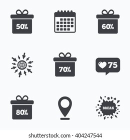 Calendar, like counter and go to web icons. Sale gift box tag icons. Discount special offer symbols. 50%, 60%, 70% and 80% percent discount signs. Location pointer.