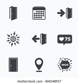 Calendar, like counter and go to web icons. Doors icons. Emergency exit with arrow symbols. Fire exit signs. Location pointer.