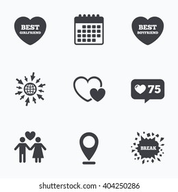 Calendar, like counter and go to web icons. Valentine day love icons. Best girlfriend and boyfriend symbol. Couple lovers sign. Location pointer.