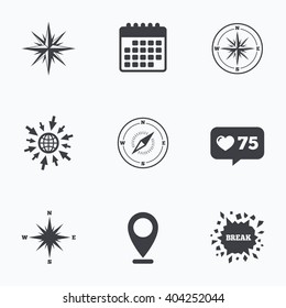 Calendar, like counter and go to web icons. Windrose navigation icons. Compass symbols. Coordinate system sign. Location pointer.