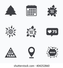 Calendar, like counter and go to web icons. Happy new year icon. Christmas trees signs. World globe symbol. Location pointer.