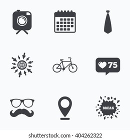 Calendar, like counter and go to web icons. Hipster photo camera with mustache icon. Glasses and tie symbols. Bicycle family vehicle sign. Location pointer.