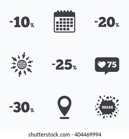 Calendar, like counter and go to web icons. Sale discount icons. Special offer price signs. 10, 20, 25 and 30 percent off reduction symbols. Location pointer.