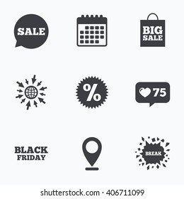 Calendar, like counter and go to web icons. Sale speech bubble icon. Discount star symbol. Black friday sign. Big sale shopping bag. Location pointer.