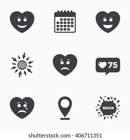 Calendar, like counter and go to web icons. Heart smile face icons. Happy, sad, cry signs. Happy smiley chat symbol. Sadness depression and crying signs. Location pointer.