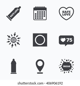 Calendar, like counter and go to web icons. Safe sex love icons. Condom in package symbol. Fertilization or insemination. Heart sign. Location pointer.