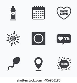 Calendar, like counter and go to web icons. Safe sex love icons. Condom in package symbol. Sperm sign. Fertilization or insemination. Location pointer.