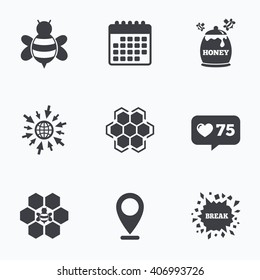 Calendar, like counter and go to web icons. Honey icon. Honeycomb cells with bees symbol. Sweet natural food signs. Location pointer.