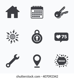 Calendar, like counter and go to web icons. Home key icon. Wrench service tool symbol. Locker sign. Main page web navigation. Location pointer.