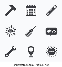 Calendar, like counter and go to web icons. Screwdriver and wrench key tool icons. Bubble level and hammer sign symbols. Location pointer.