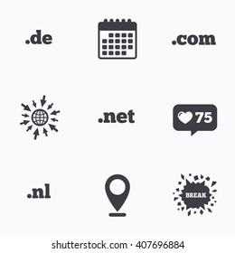 Calendar, like counter and go to web icons. Top-level internet domain icons. De, Com, Net and Nl symbols. Unique national DNS names. Location pointer.