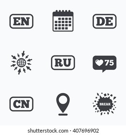 Calendar, like counter and go to web icons. Language icons. EN, DE, RU and CN translation symbols. English, German, Russian and Chinese languages. Location pointer.