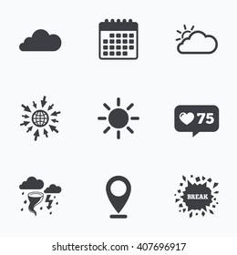 Calendar, like counter and go to web icons. Weather icons. Cloud and sun signs. Storm or thunderstorm with lightning symbol. Gale hurricane. Location pointer.