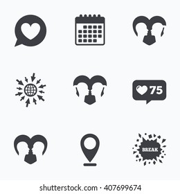 Calendar, like counter and go to web icons. Couple love icon. Lesbian and Gay lovers signs. Romantic homosexual relationships. Speech bubble with heart symbol. Location pointer.