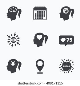 Calendar, like counter and go to web icons. Head with brain and idea lamp bulb icons. Female woman think symbols. Cogwheel gears signs. Love heart. Location pointer.