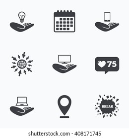 Calendar, like counter and go to web icons. Helping hands icons. Intellectual property insurance symbol. Smartphone, TV monitor and pc notebook sign. Device protection. Location pointer.