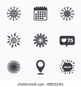 Calendar, like counter and go to web icons. Snowflakes artistic icons. Air conditioning signs. Christmas and New year winter symbols. Location pointer.