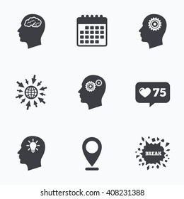 Calendar, like counter and go to web icons. Head with brain and idea lamp bulb icons. Male human think symbols. Cogwheel gears signs. Location pointer.