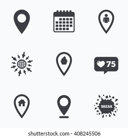 Calendar, like counter and go to web icons. Map pointer icons. Home, food and user location symbols. Restaurant and cupcake signs. You are here. Location pointer.