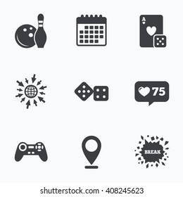 Calendar, like counter and go to web icons. Bowling and Casino icons. Video game joystick and playing card with dice symbols. Entertainment signs. Location pointer.