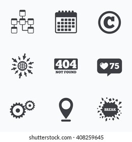Calendar, like counter and go to web icons. Website database icon. Copyrights and gear signs. 404 page not found symbol. Under construction. Location pointer.
