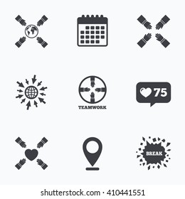 Calendar, like counter and go to web icons. Teamwork icons. Helping Hands with globe and heart symbols. Group of employees working together. Location pointer.