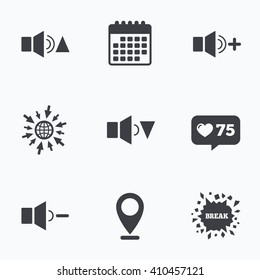 Calendar, like counter and go to web icons. Player control icons. Sound louder and quieter signs. Dynamic symbol. Location pointer.