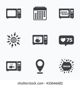 Calendar, like counter and go to web icons. Microwave oven icons. Cook in electric stove symbols. Grill chicken and fish signs. Location pointer.
