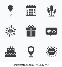 Calendar, like counter and go to web icons. Birthday party icons. Cake and gift box signs. Air balloons and fireworks rockets symbol. Location pointer.
