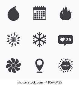 Calendar, like counter and go to web icons. HVAC icons. Heating, ventilating and air conditioning symbols. Water supply. Climate control technology signs. Location pointer.
