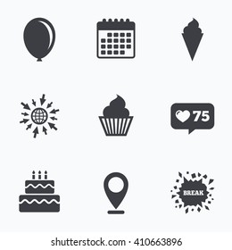 Calendar, like counter and go to web icons. Birthday party icons. Cake with ice cream signs. Air balloon symbol. Location pointer.