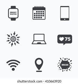 Calendar, like counter and go to web icons. Notebook and smartphone icons. Smart watch symbol. Wi-fi sign. Wireless Network symbol. Mobile devices. Location pointer.