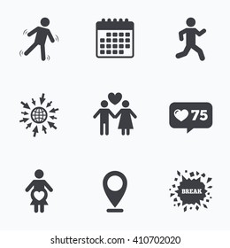 Calendar, like counter and go to web icons. Women pregnancy icon. Human running symbol. Man love Woman or Lovers sign. Location pointer.