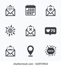 Calendar, like counter and go to web icons. Mail envelope icons. Message document symbols. Post office letter signs. Delete mail and SMS message. Location pointer.