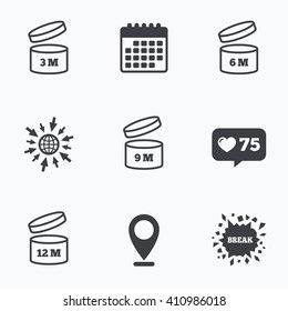 Calendar, like counter and go to web icons. After opening use icons. Expiration date 6-12 months of product signs symbols. Shelf life of grocery item. Location pointer.