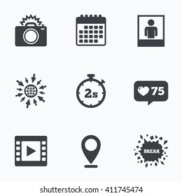 Calendar, like counter and go to web icons. Photo camera icon. Flash light and video frame symbols. Stopwatch timer 2 seconds sign. Human portrait photo frame. Location pointer.