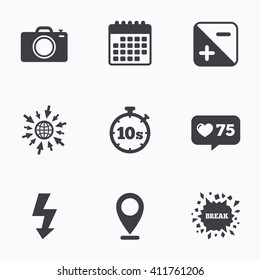 Calendar, like counter and go to web icons. Photo camera icon. Flash light and exposure symbols. Stopwatch timer 10 seconds sign. Location pointer.