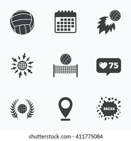 Calendar, like counter and go to web icons. Volleyball and net icons. Winner award laurel wreath symbols. Fireball and beach sport symbol. Location pointer.