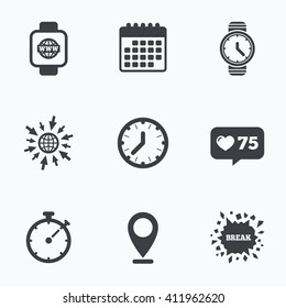Calendar, like counter and go to web icons. Smart watch with internet icons. Mechanical clock time, Stopwatch timer symbols. Wrist digital watch sign. Location pointer.