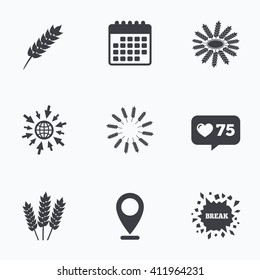 Calendar, like counter and go to web icons. Agricultural icons. Gluten free or No gluten signs. Wreath of Wheat corn symbol. Location pointer.