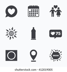 Calendar, like counter and go to web icons. Condom safe sex icons. Lovers couple signs. Male love female. Speech bubble with heart. Location pointer.