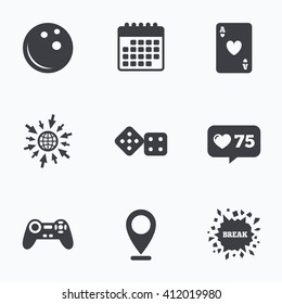 Calendar, like counter and go to web icons. Bowling and Casino icons. Video game joystick and playing card with dice symbols. Entertainment signs. Location pointer.