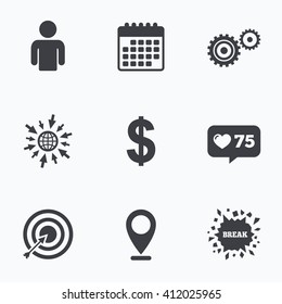 Calendar, like counter and go to web icons. Business icons. Human silhouette and aim targer with arrow signs. Dollar currency and gear symbols. Location pointer.