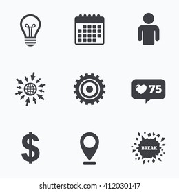 Calendar, like counter and go to web icons. Business icons. Human silhouette and lamp bulb idea signs. Dollar currency and gear symbols. Location pointer.