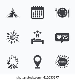 Calendar, like counter and go to web icons. Food, sleep, camping tent and fire icons. Knife, fork and dish. Hotel or bed and breakfast. Road signs. Location pointer.