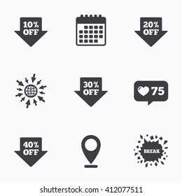 Calendar, like counter and go to web icons. Sale arrow tag icons. Discount special offer symbols. 10%, 20%, 30% and 40% percent off signs. Location pointer.