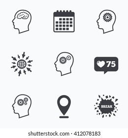 Calendar, like counter and go to web icons. Head with brain icon. Male human think symbols. Cogwheel gears signs. Location pointer.