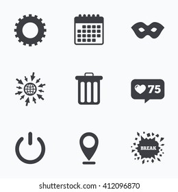 Calendar, like counter and go to web icons. Anonymous mask and cogwheel gear icons. Recycle bin delete and power sign symbols. Location pointer.