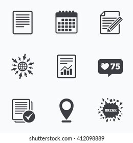 Calendar, like counter and go to web icons. File document icons. Document with chart or graph symbol. Edit content with pencil sign. Select file with checkbox. Location pointer.